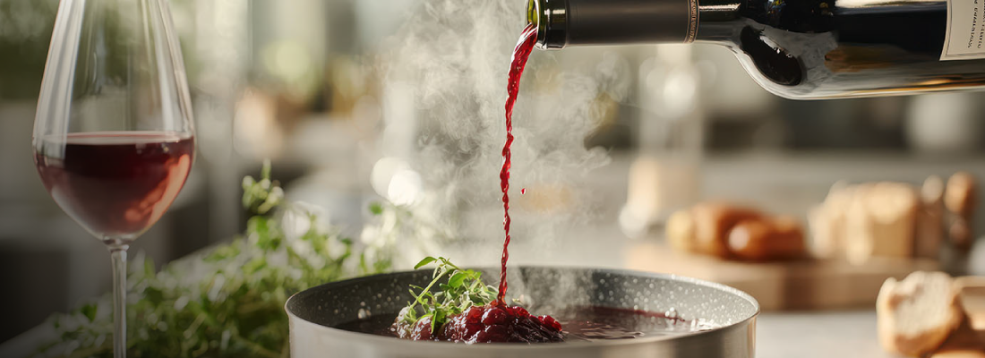 Wine poured over a complex dish, symbolizing maximalist flavor through bold, layered, and complementary ingredients.
