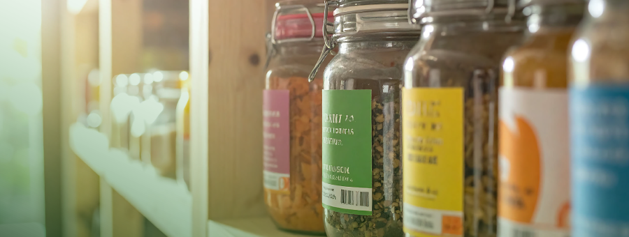 Simplified food product labels on glass jars reducing label fatigue