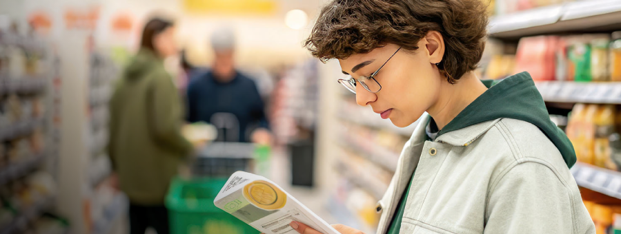 Person reading food packaging in a grocery store, highlighting impact of label fatigue