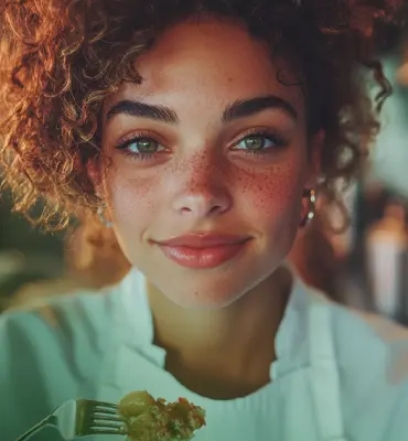 Woman smiling with curly hair against a neutral background
