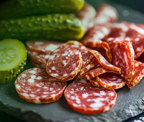 Charcuterie board with cured meats, cheeses, and pickled vegetables reflecting emerging pickle trends in snacks