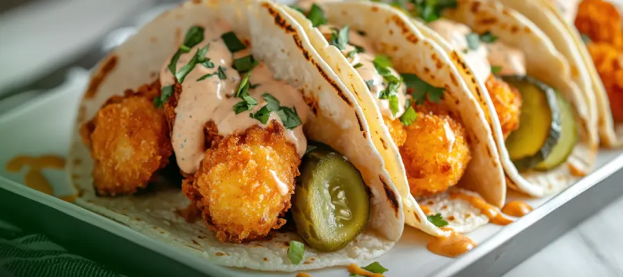Crispy fish tacos topped with creamy sauce and pickle slices