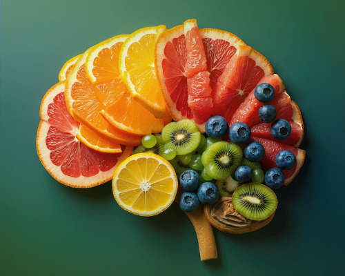 Colorful fruit arranged like a brain to illustrate how anticipation of taste activates reward centers