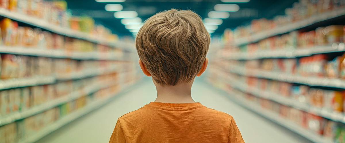 Child in grocery store aisle symbolizing how craving-driven flavors influence consumer choices.