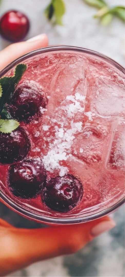 Pink prebiotic sparkling beverage with berries and mint, highlighting gut health focus and fiber-rich ingredients