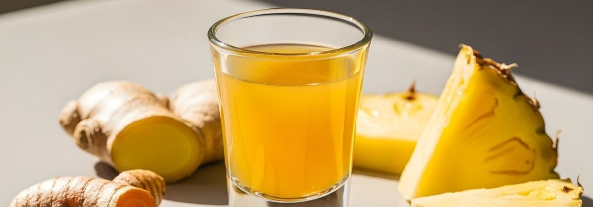 Glass of tropical sparkling drink with pineapple and ginger, capturing flavor innovation and prebiotic soda benefits