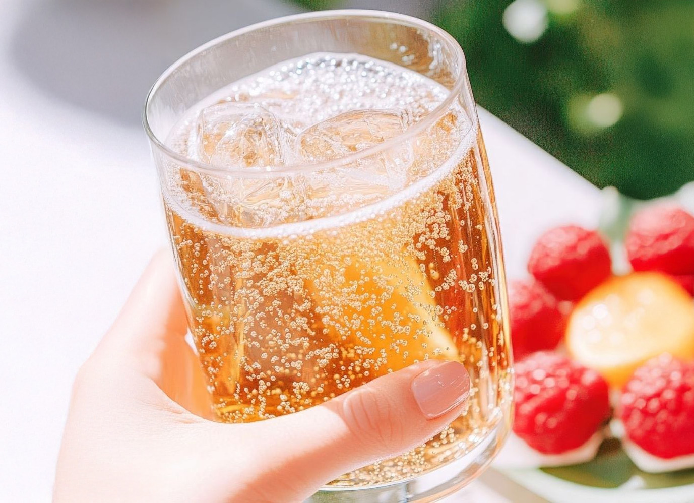 Hand holding sparkling drink with citrus, reflecting the market growth and rising demand for prebiotic soda benefits
