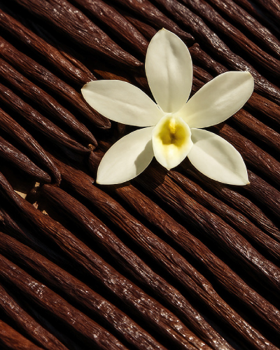 Vanilla flower on beans, showing how precision fermentation can deliver stable vanillin supply beyond harvest limits