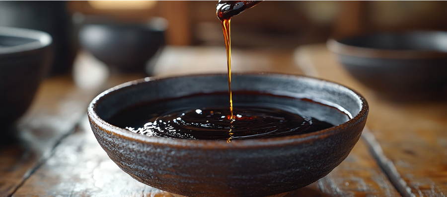 Soy sauce poured into bowls, symbolizing microbes engineered to create clean, consistent umami flavor building blocks
