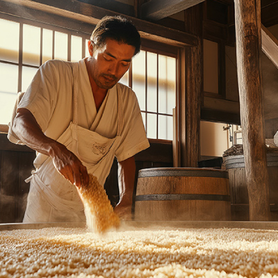 Artisan working with grains in a fermenting room, illustrating precision fermentation moving from niche to mainstream
