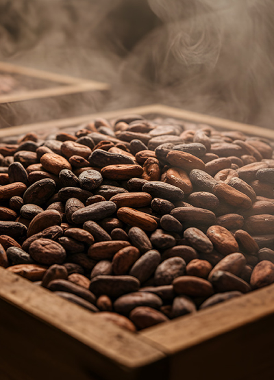 Steaming roasted cocoa beans, connecting supply volatility with sustainable solutions from precision fermentation