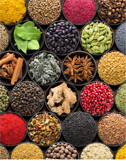 Assorted spices and botanicals—cardamom, chiles, citrus—signaling luxury flavors in a single bite