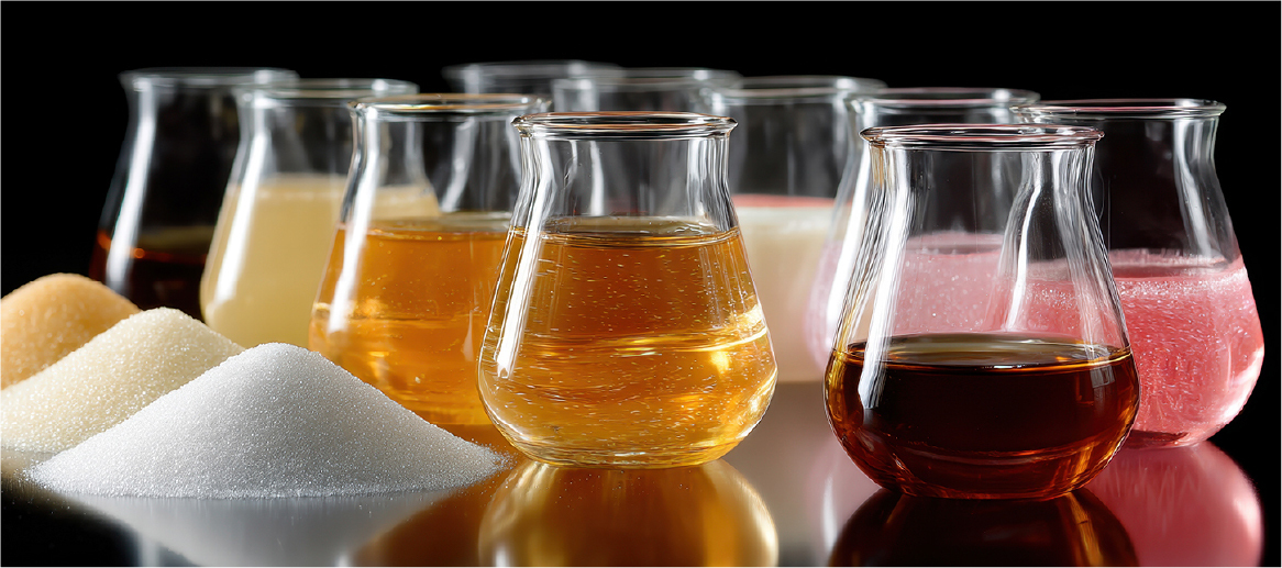 Colorful liquids and sugar piles in glass vessels, representing formulation work in texture and flavor development.
