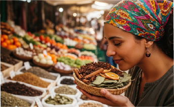 Woman enjoying the scent of spices at a market, representing warmth and comfort through flavor.