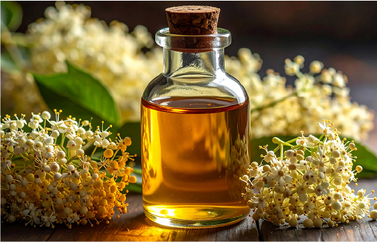 A glass bottle of elderflower extract surrounded by blossoms, showing how harvest and origin affect flavor consistency.