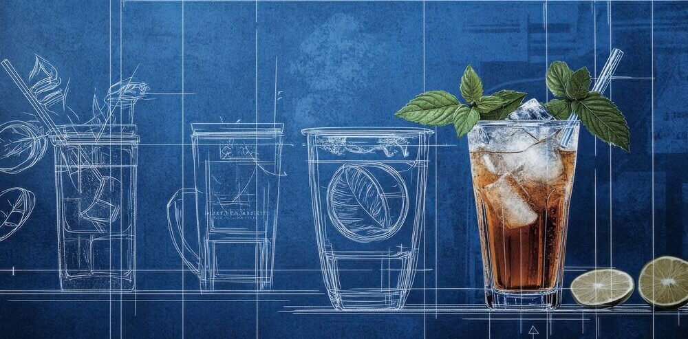 Blueprint-style drink sketches beside a finished cocktail, representing the “blueprints” of taste genetics
