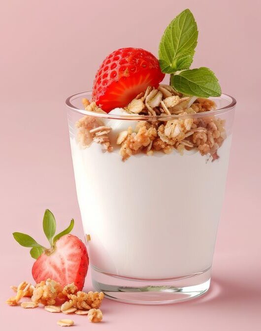 Strawberry yogurt parfait showing how fat, protein, viscosity, and acidity shape flavor release.