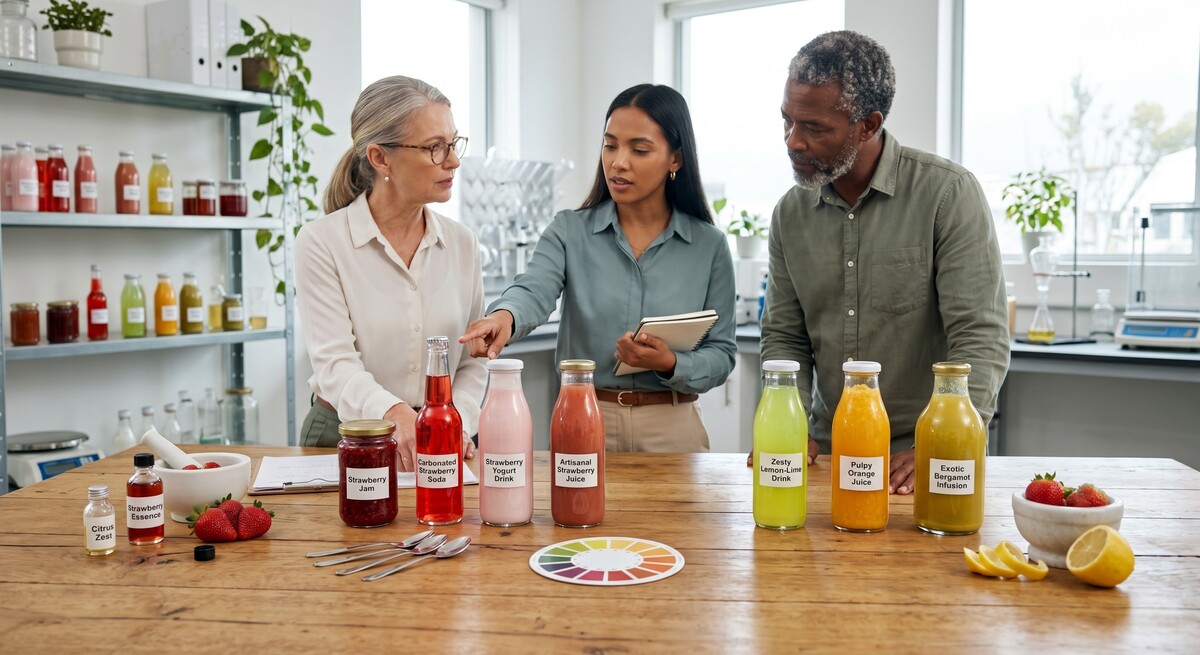 R&D team comparing colored beverage samples—how does color affect taste during product development and testing?