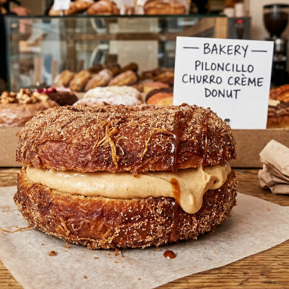 Piloncillo churro crème donut with cinnamon sugar, a bakery gateway to Mexican regional cues