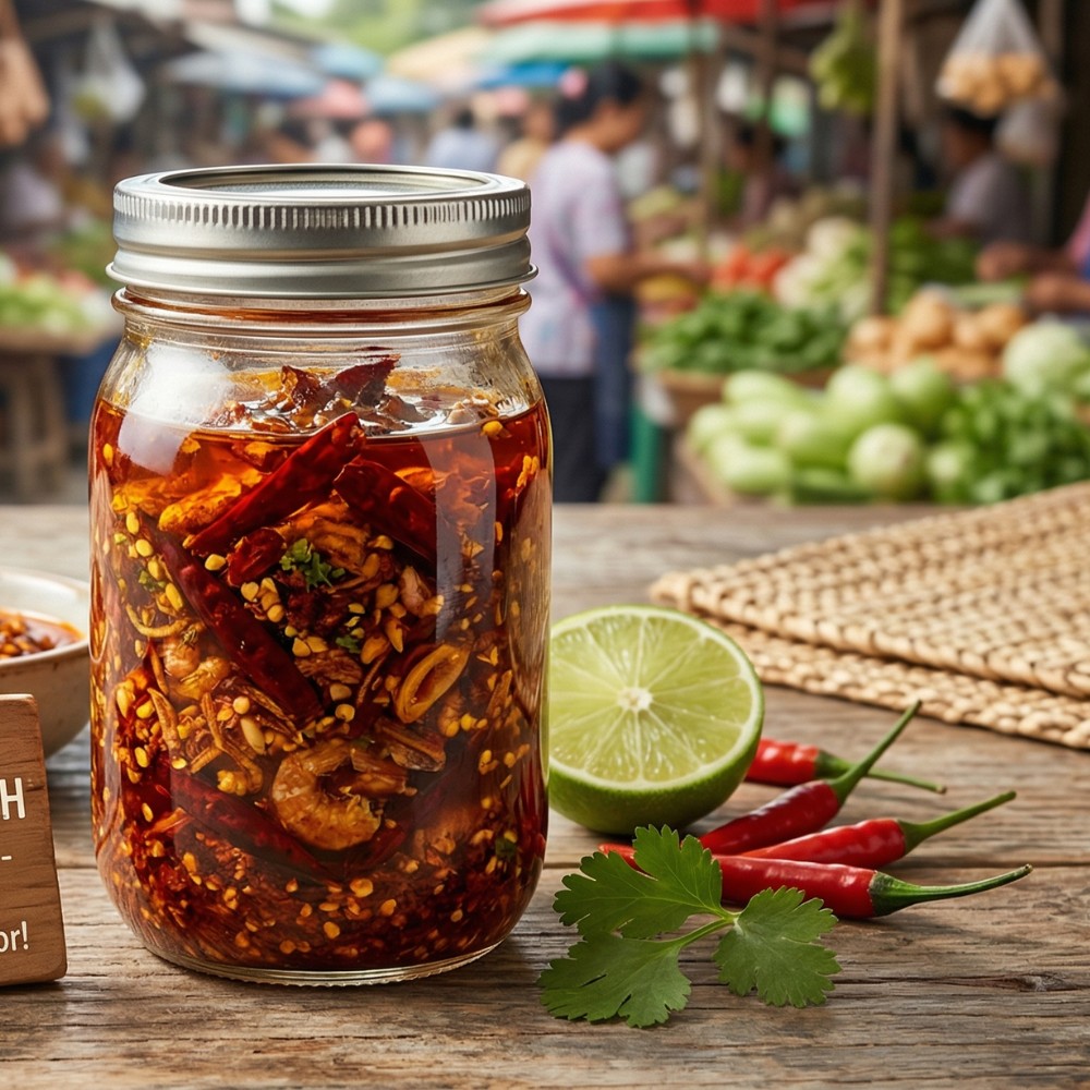 Jar of som tum chile-lime crunch, translating sweet-sour-spicy balance into a snackable topper