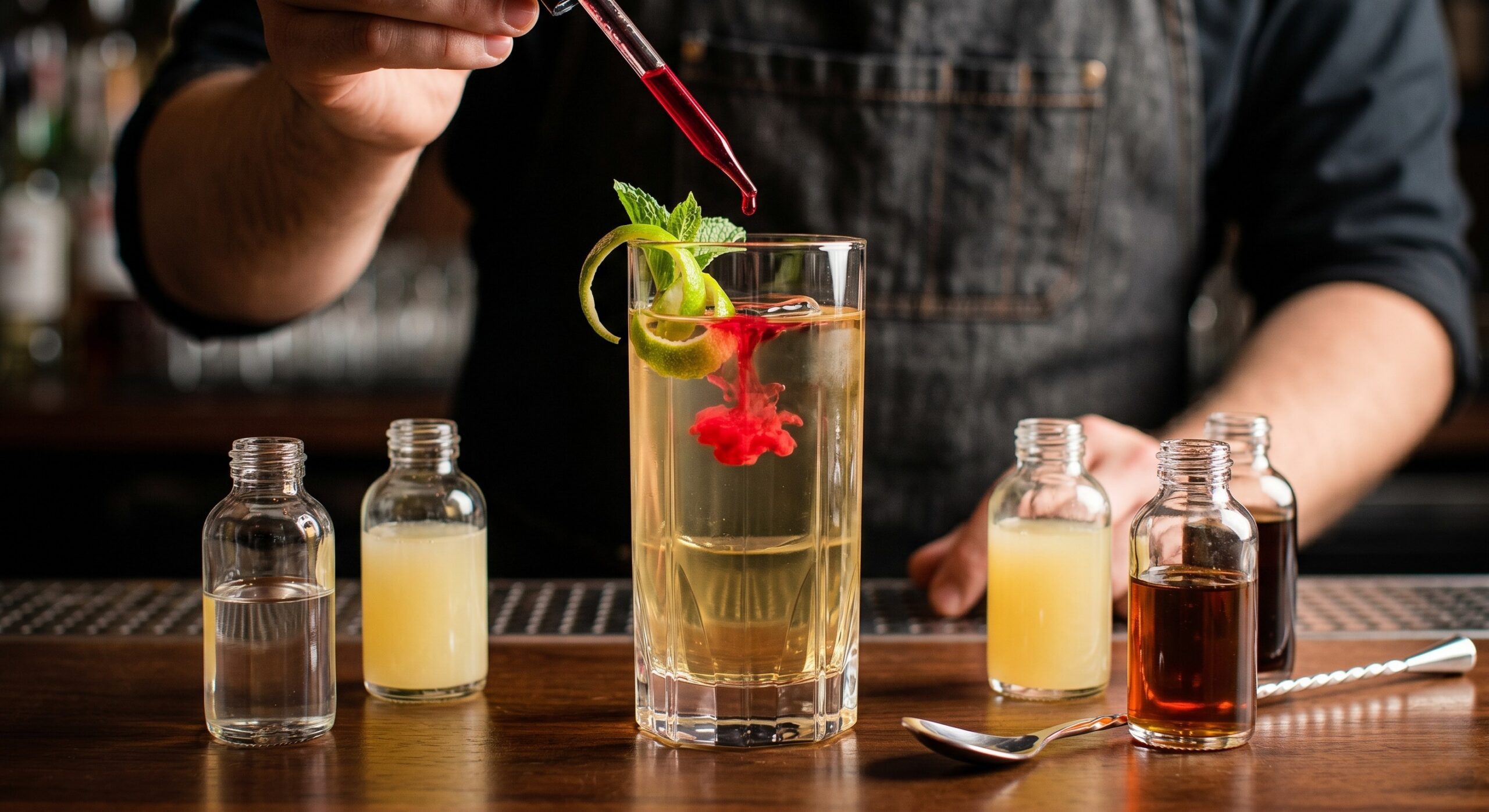 Drop of red color dispersing in a clear drink, showing how hue shifts can change perceived flavor direction