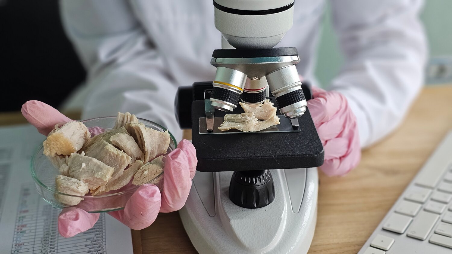 Scientist examining protein samples under a microscope, identifying off-notes before flavoring.