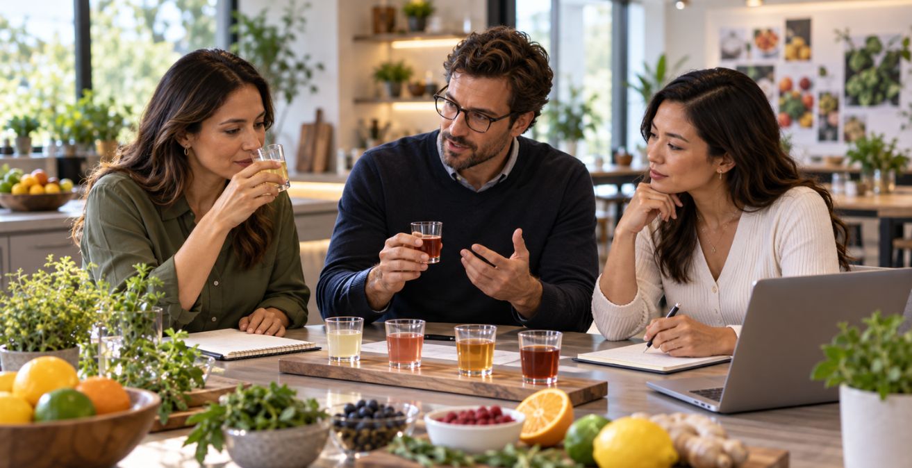 R&D team tasting samples, evaluating bitter flavor as a feature or defect in product development.
